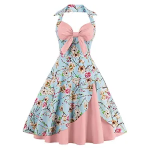 1950's Dresses for Women Vintage Floral Cocktail Dress Audrey Hepburn Style 50s Halter Rockabilly Dresses for Women Retro 50's 60's Prom Tea Party Swing Dresses Blue Dusty Pink Medium