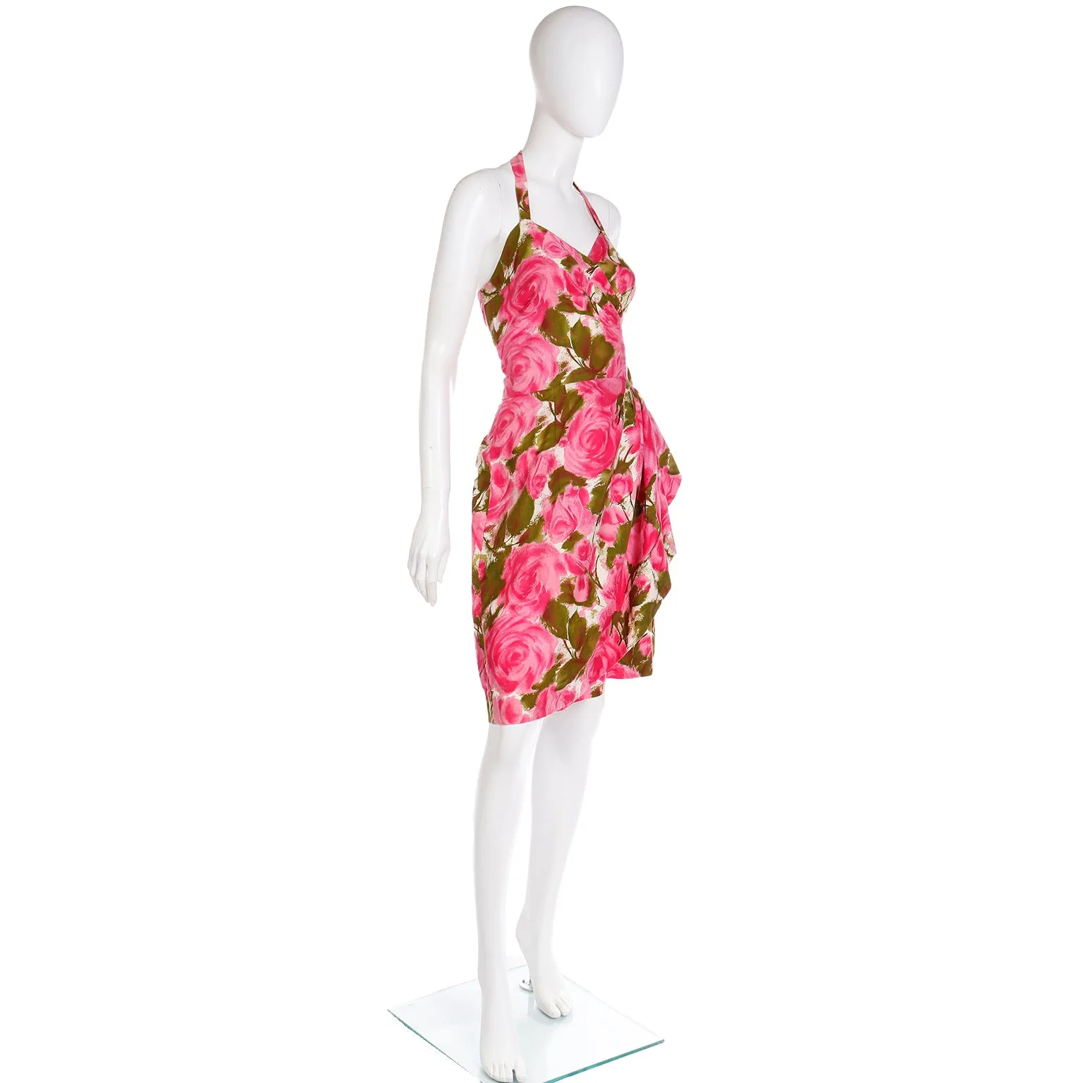 1960s Pink & Green Floral Cotton Halter Dress With Side Flounce
