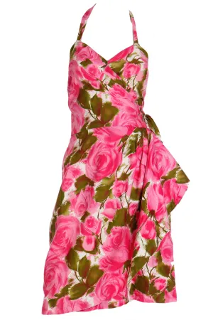 1960s Pink & Green Floral Cotton Halter Dress With Side Flounce
