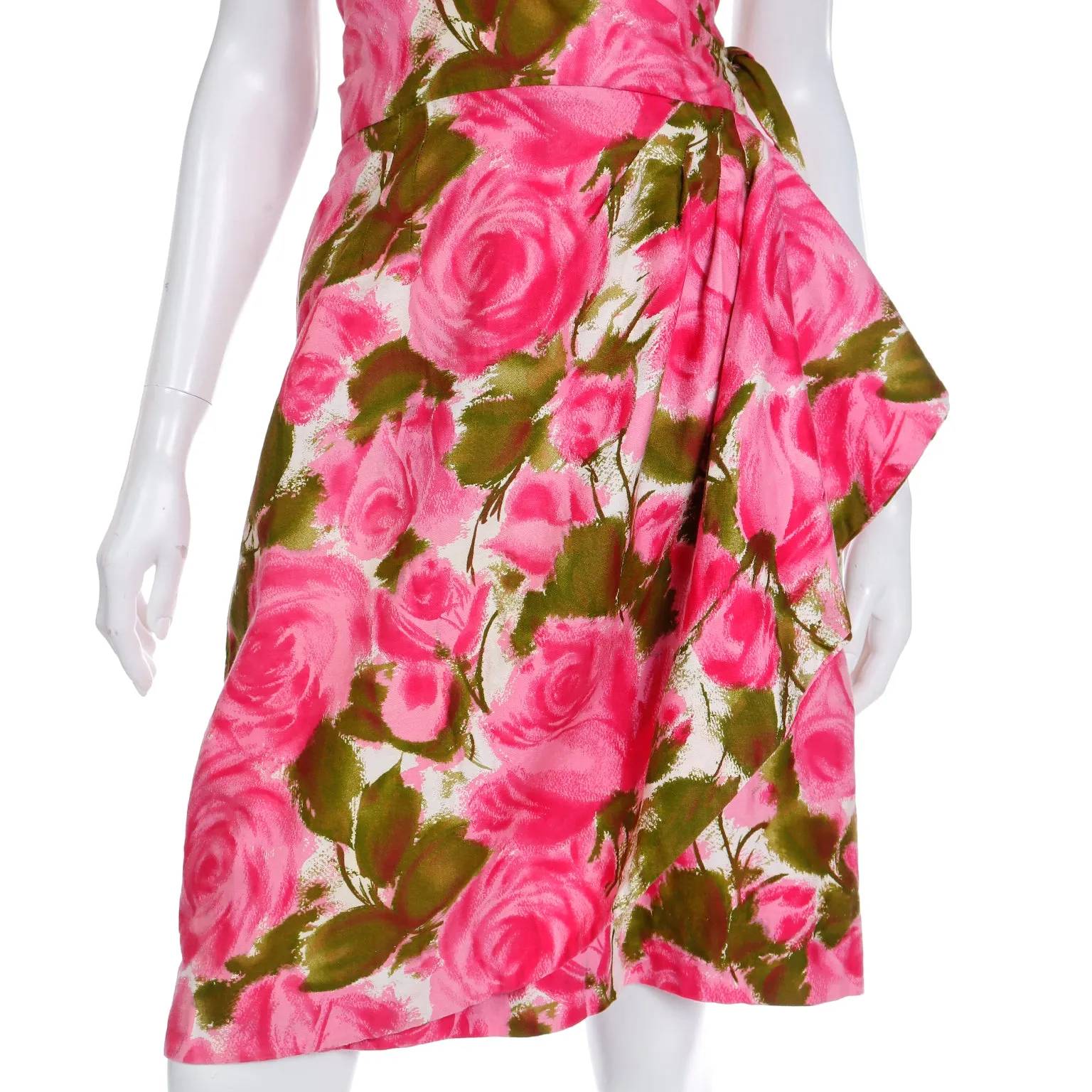1960s Pink & Green Floral Cotton Halter Dress With Side Flounce