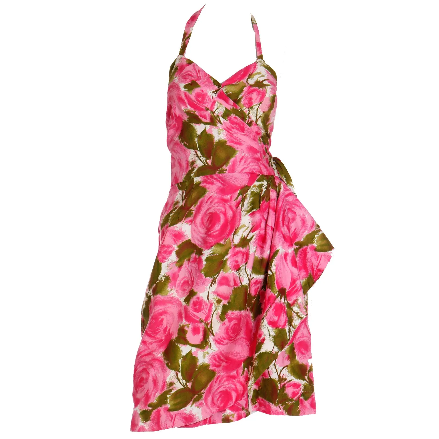 1960s Pink & Green Floral Cotton Halter Dress With Side Flounce