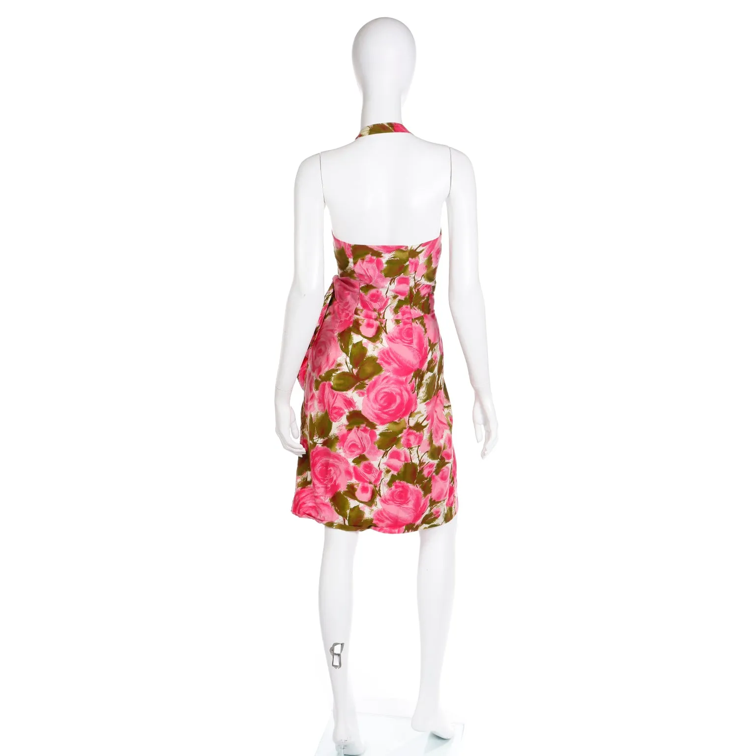 1960s Pink & Green Floral Cotton Halter Dress With Side Flounce