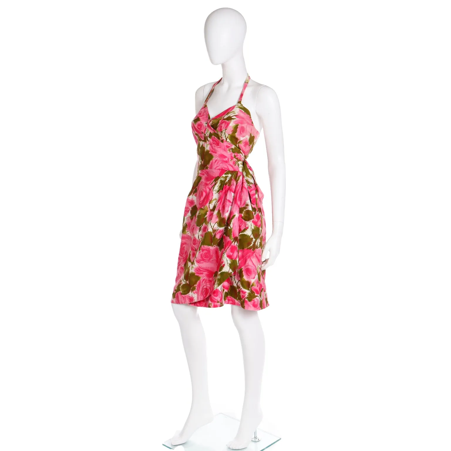 1960s Pink & Green Floral Cotton Halter Dress With Side Flounce