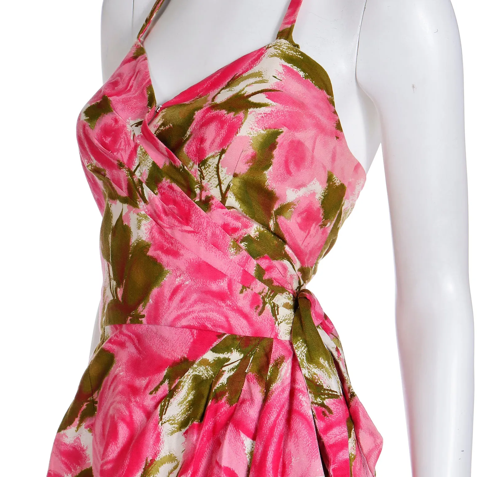 1960s Pink & Green Floral Cotton Halter Dress With Side Flounce