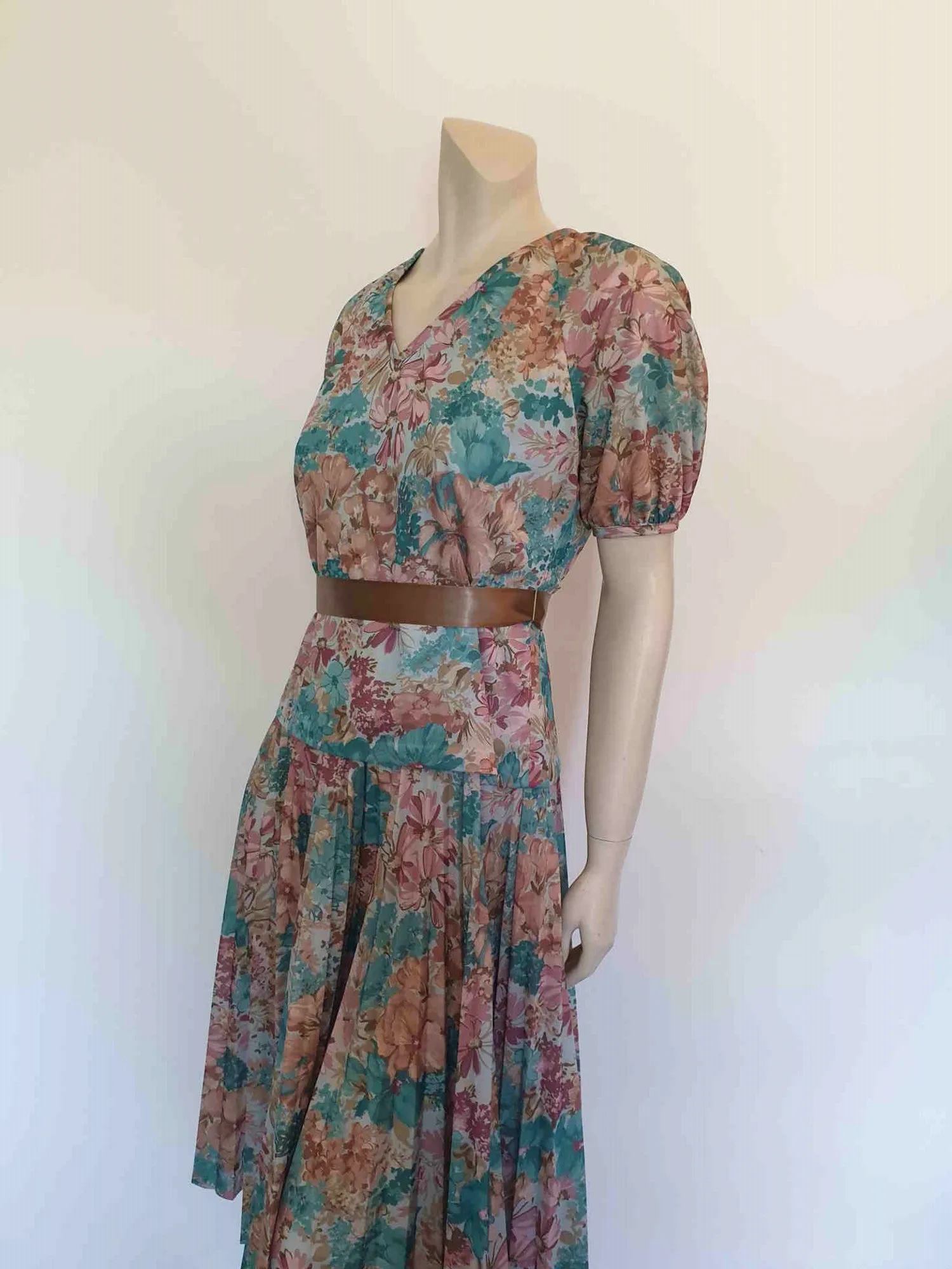 1970s Green Floral Pleated Dress by Janelle - Bust 89 cm