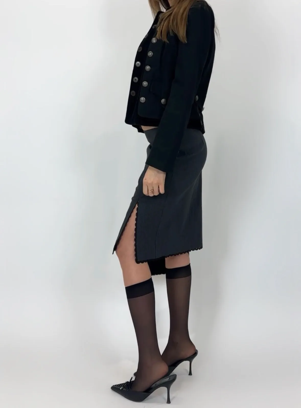 2000s Grey Lace Trim Midi Skirt (S/M)