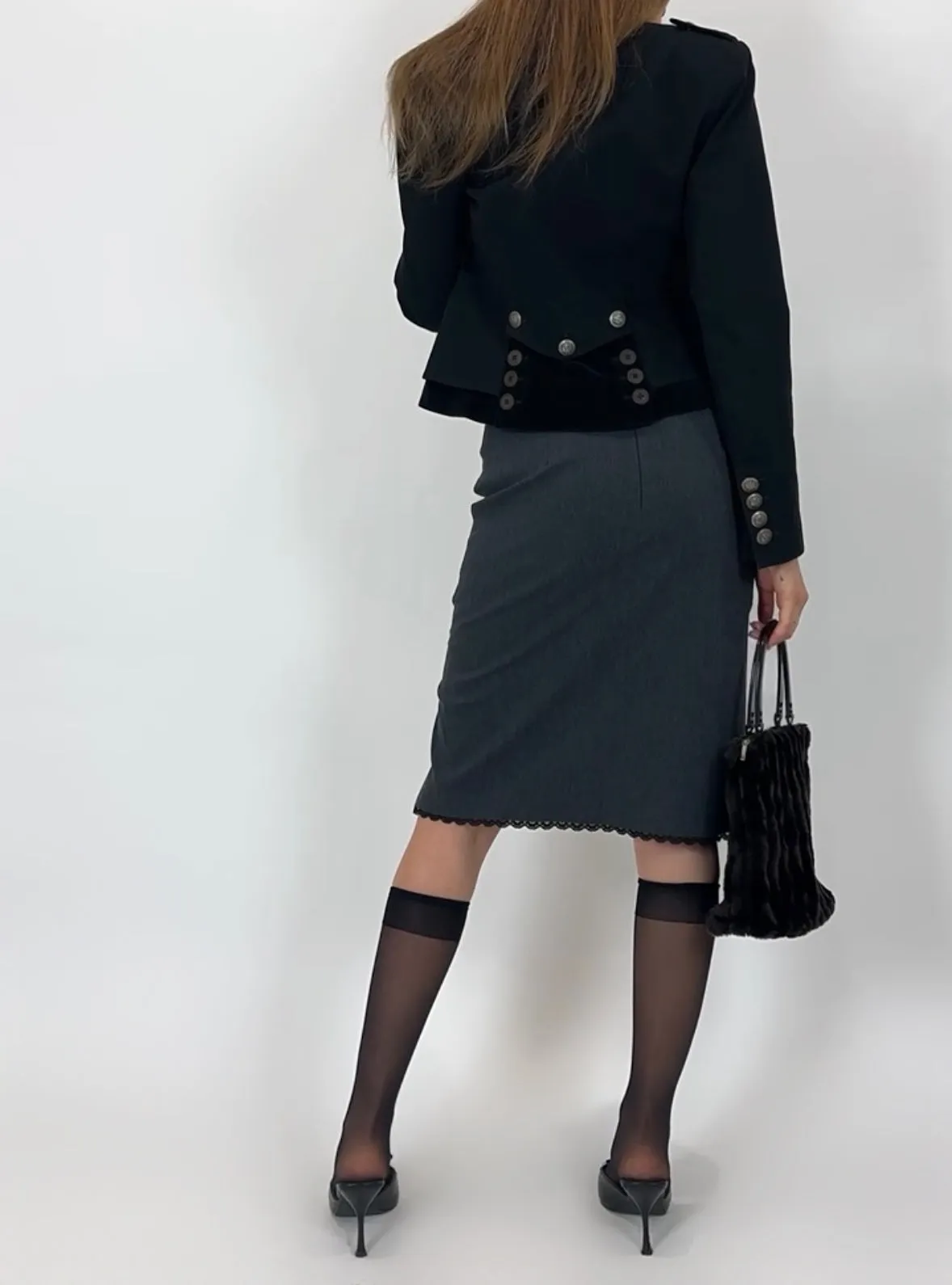 2000s Grey Lace Trim Midi Skirt (S/M)