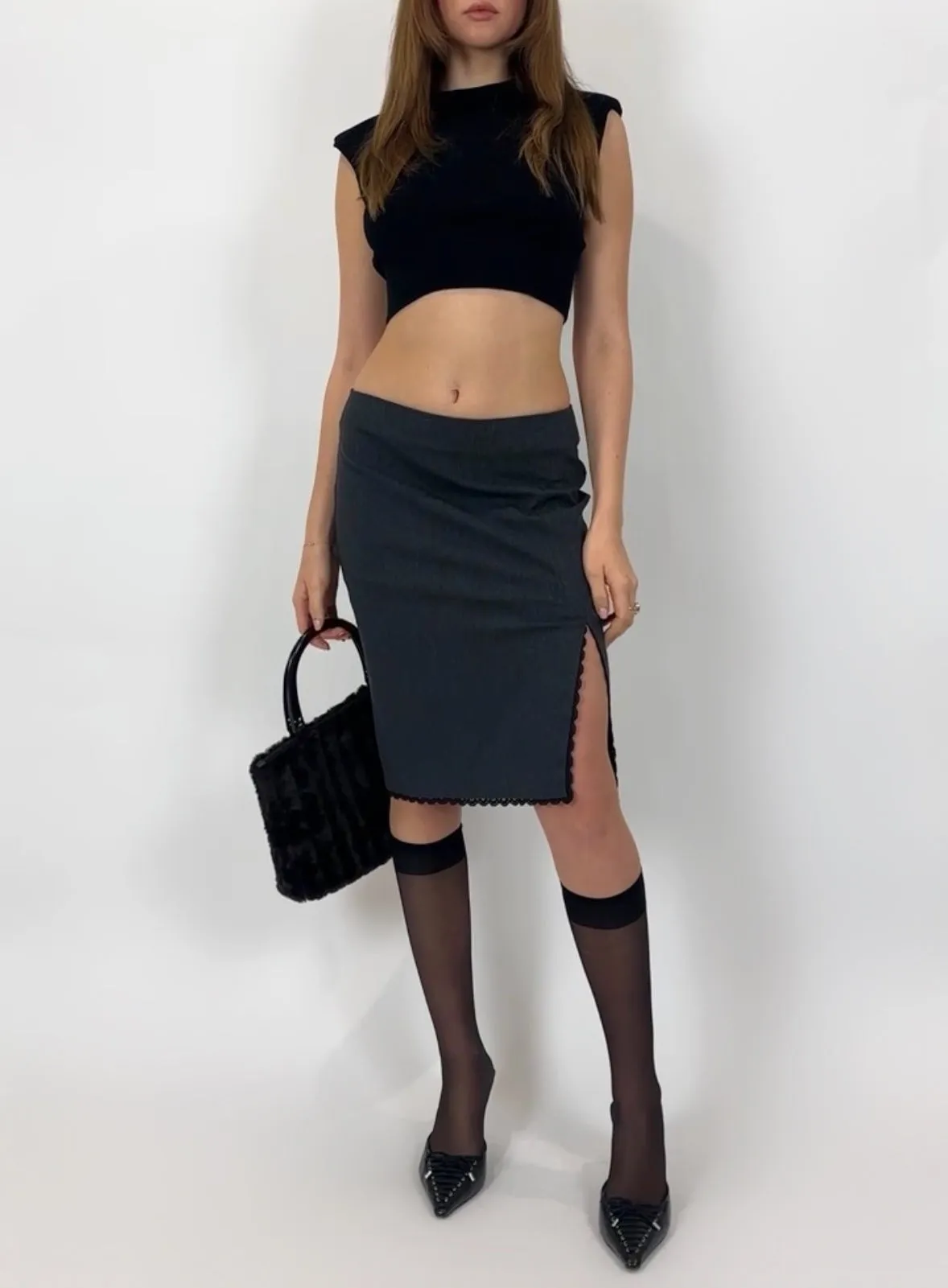2000s Grey Lace Trim Midi Skirt (S/M)