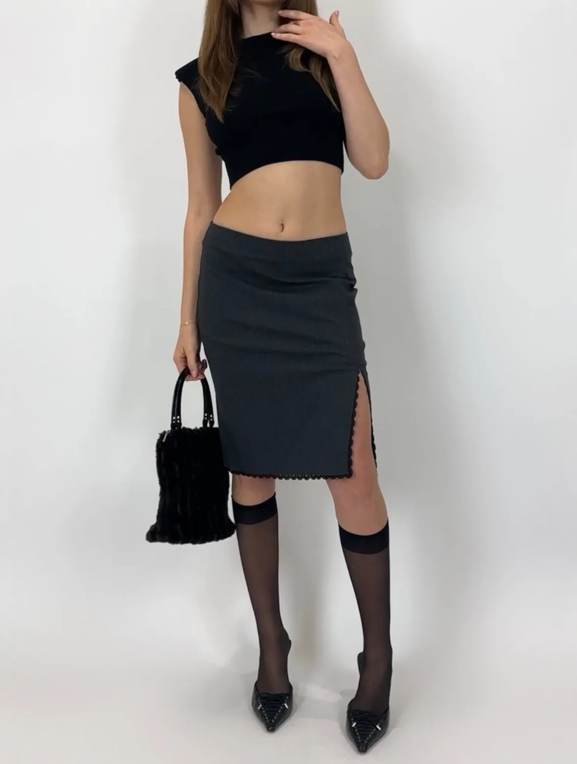 2000s Grey Lace Trim Midi Skirt (S/M)