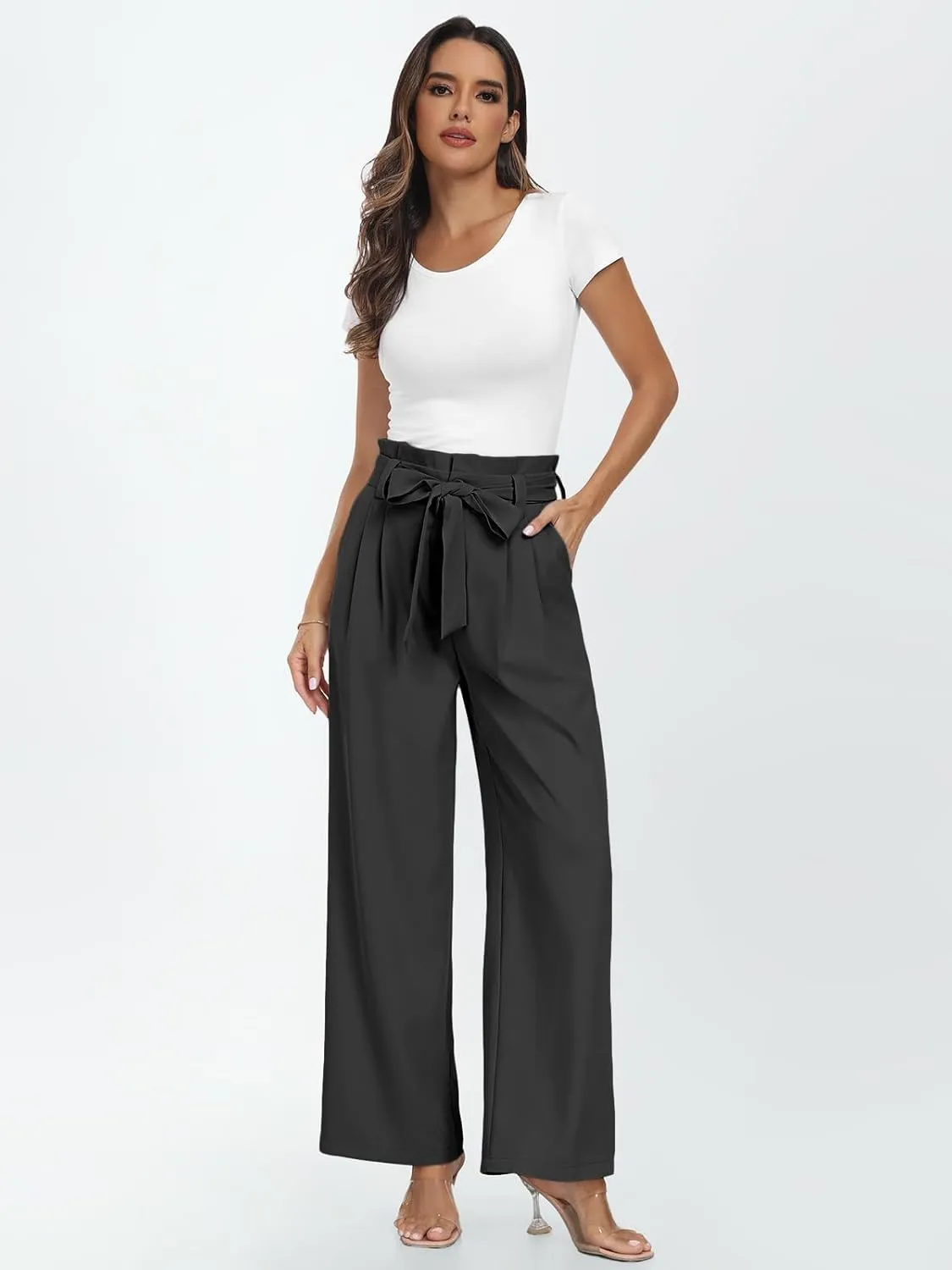 2024 Women's Wide Leg Pants Paperbag High Waisted Business Work Casual Trousers with Removable Belt