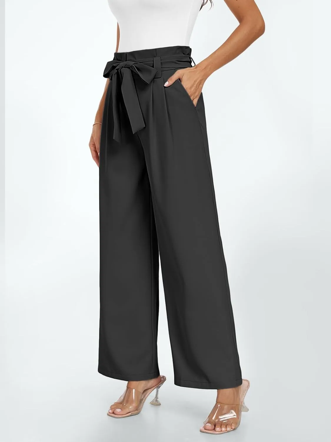 2024 Women's Wide Leg Pants Paperbag High Waisted Business Work Casual Trousers with Removable Belt