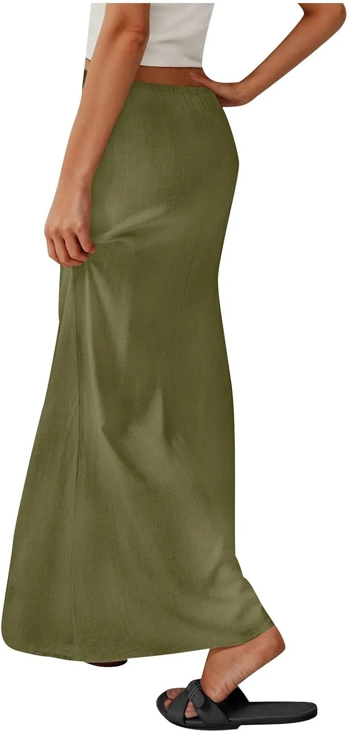 2025 Trendy Linen Maxi Skirts for Women Summer Drawstring Waist A Line Skirt Solid Loose Fit Flowy Long Beach Skirts