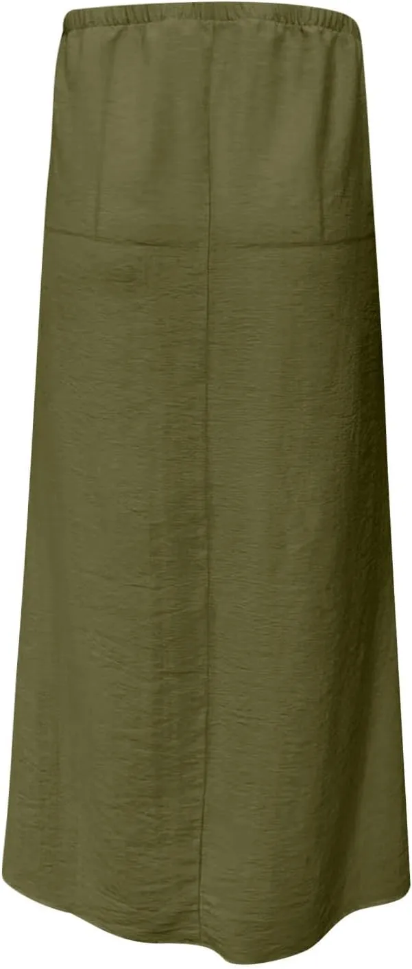 2025 Trendy Linen Maxi Skirts for Women Summer Drawstring Waist A Line Skirt Solid Loose Fit Flowy Long Beach Skirts