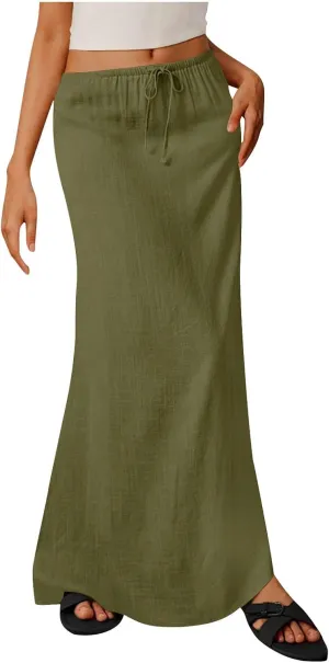 2025 Trendy Linen Maxi Skirts for Women Summer Drawstring Waist A Line Skirt Solid Loose Fit Flowy Long Beach Skirts