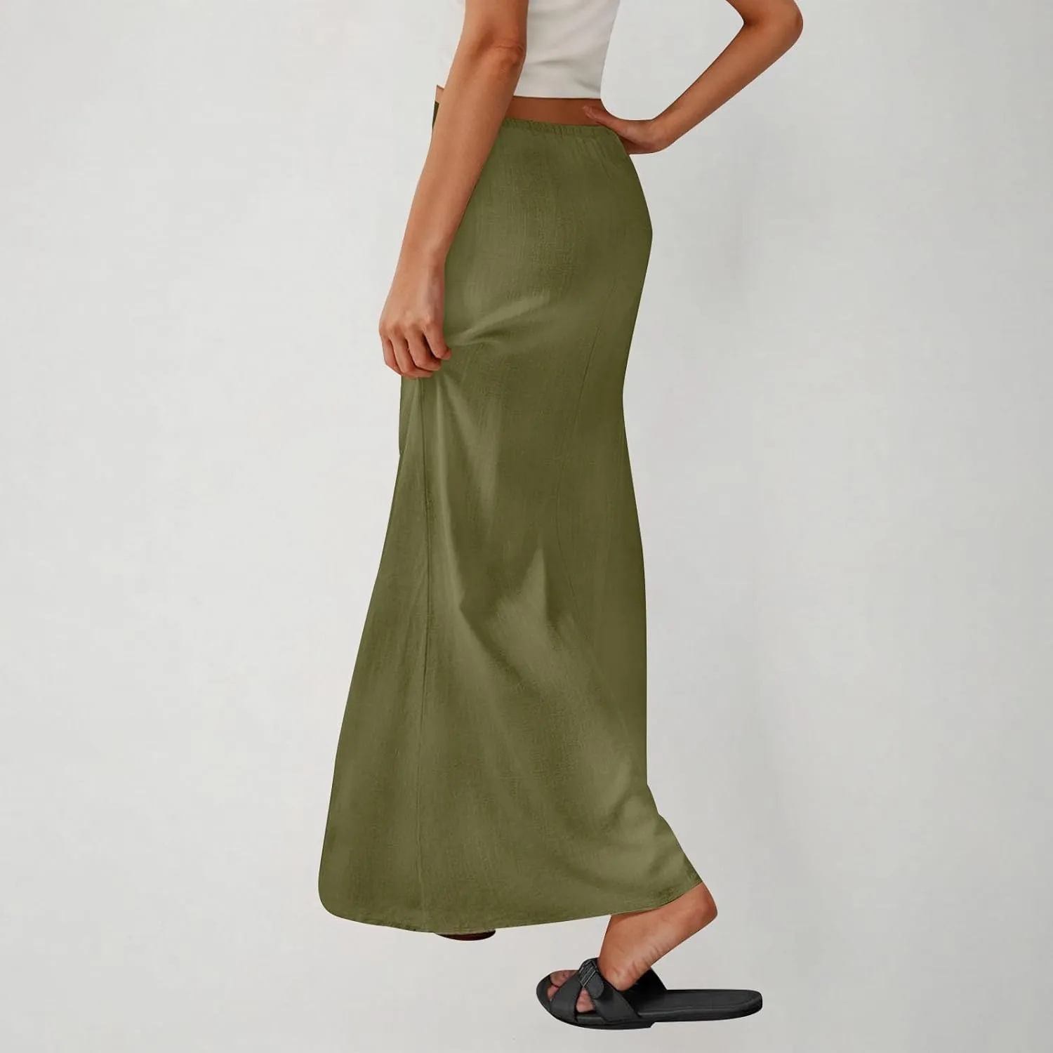 2025 Trendy Linen Maxi Skirts for Women Summer Drawstring Waist A Line Skirt Solid Loose Fit Flowy Long Beach Skirts