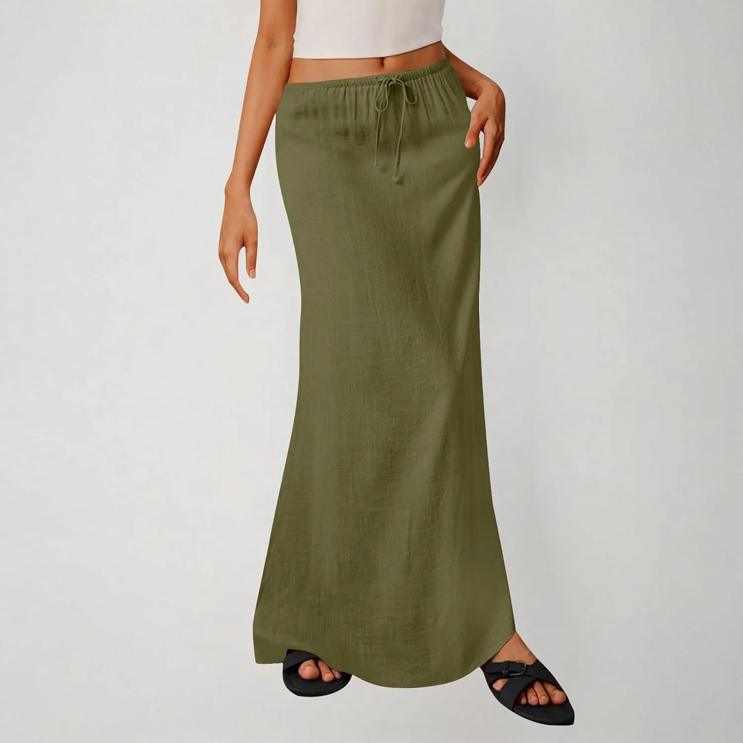 2025 Trendy Linen Maxi Skirts for Women Summer Drawstring Waist A Line Skirt Solid Loose Fit Flowy Long Beach Skirts
