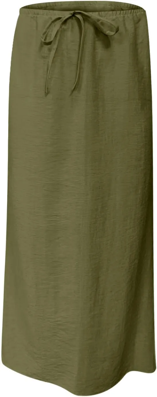 2025 Trendy Linen Maxi Skirts for Women Summer Drawstring Waist A Line Skirt Solid Loose Fit Flowy Long Beach Skirts