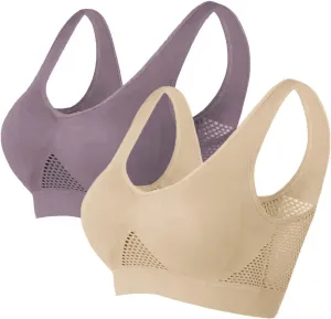 2PC Women's Mesh Breathable Comfortable Bras for Women Wirefree Bra Stretchable Straps Bra Uplift Bra Sports Bra