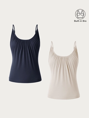 Softened Edges Antistatic 2Pcs Set Hip Length Scoop Neck Gathered Spaghetti Brami Top
