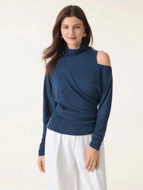 2Pcs Set Lyocell Cashmere Cold-Shoulder Semi-Sheer Top & Turtleneck Brami Tank Brushed Inner Layer Layered Ventilation Zones