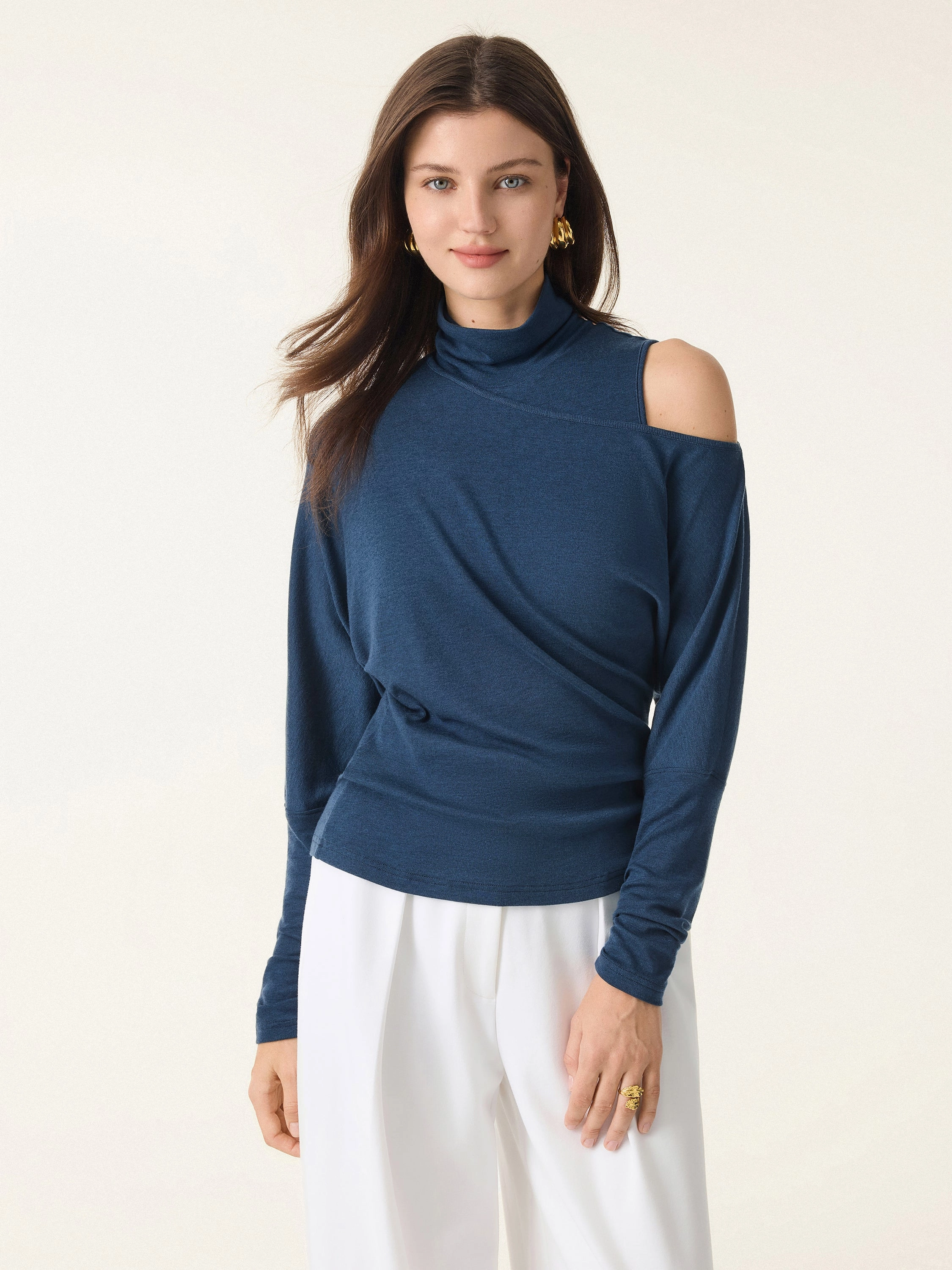 2Pcs Set Lyocell Cashmere Cold-Shoulder Semi-Sheer Top & Turtleneck Brami Tank Brushed Inner Layer Layered Ventilation Zones