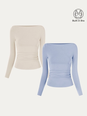 2Pcs Set Modern Side Ruched Boatneck Brami Top Stain Repellent Coating