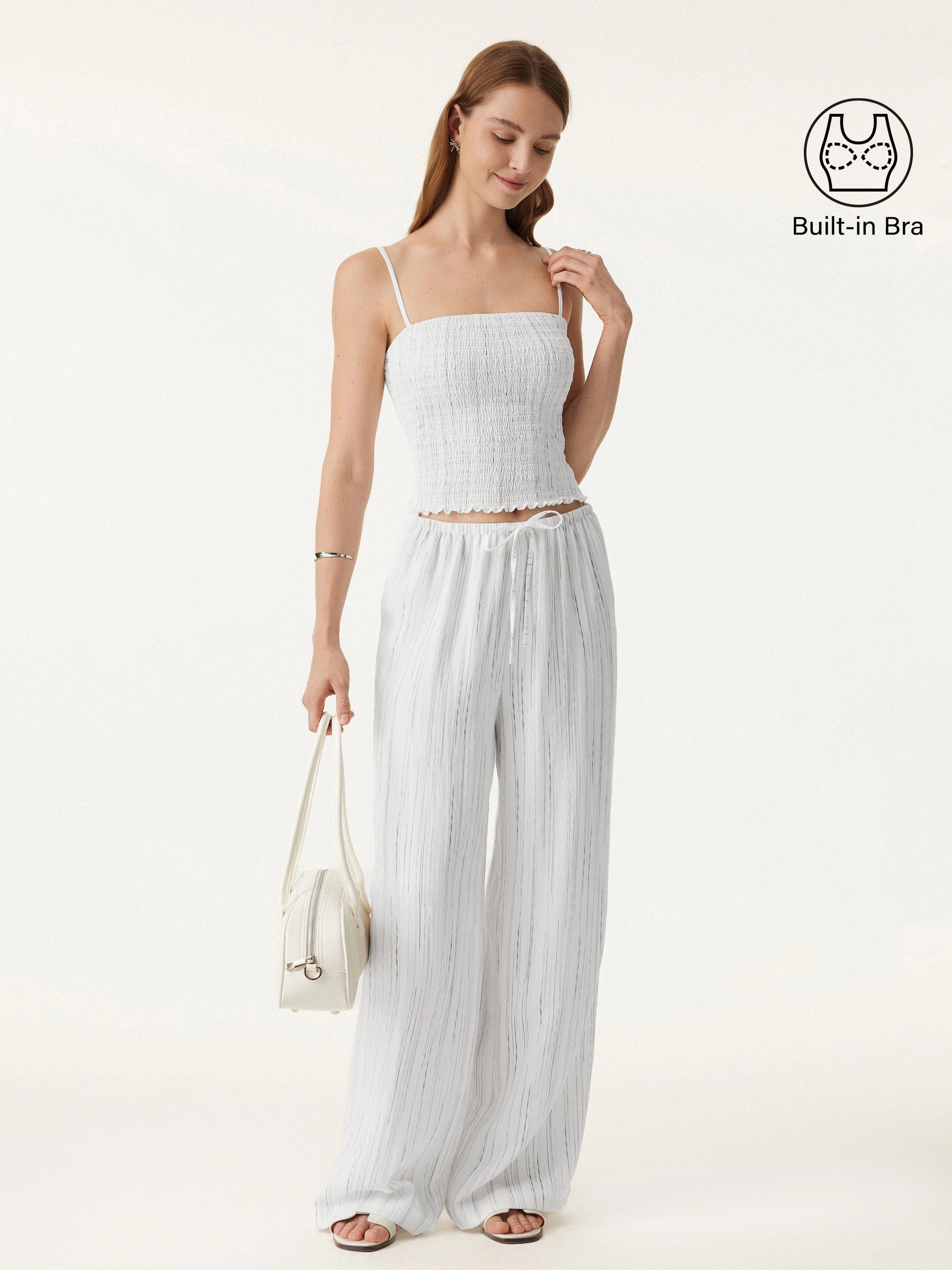 2Pcs Set Striped Adjustable Spaghetti Brami &  Striped Wide Leg Pants with Pockets simple design