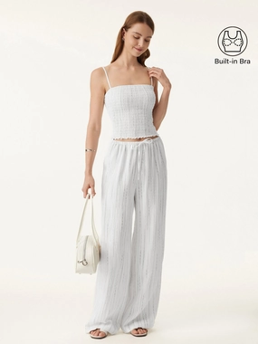 2Pcs Set Striped Adjustable Spaghetti Brami &  Striped Wide Leg Pants with Pockets simple design