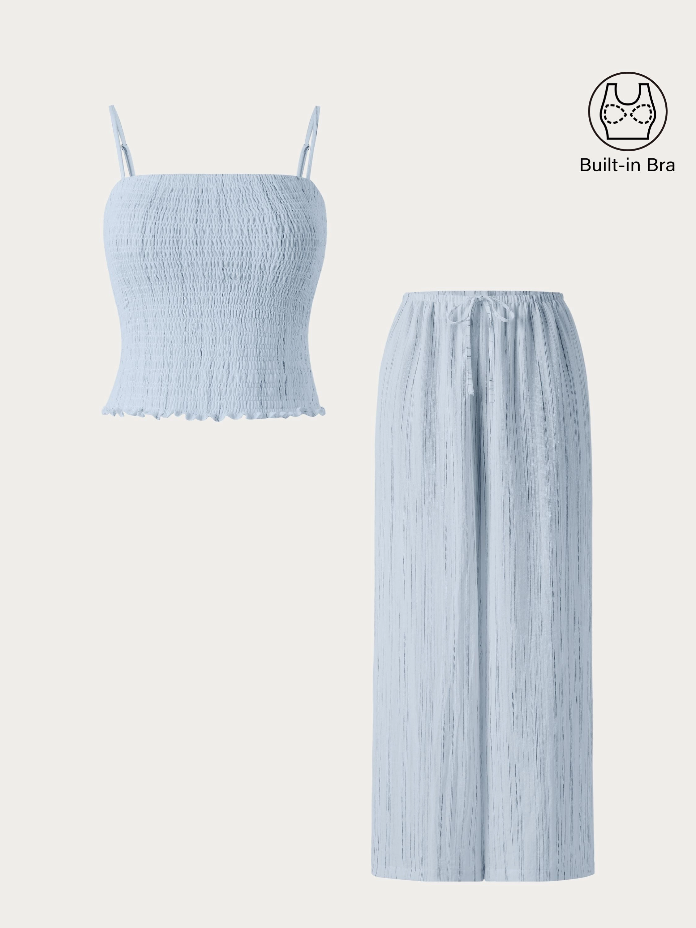 2Pcs Set Striped Adjustable Spaghetti Brami &  Striped Wide Leg Pants with Pockets StaticDissipativeFabric anti slip grip