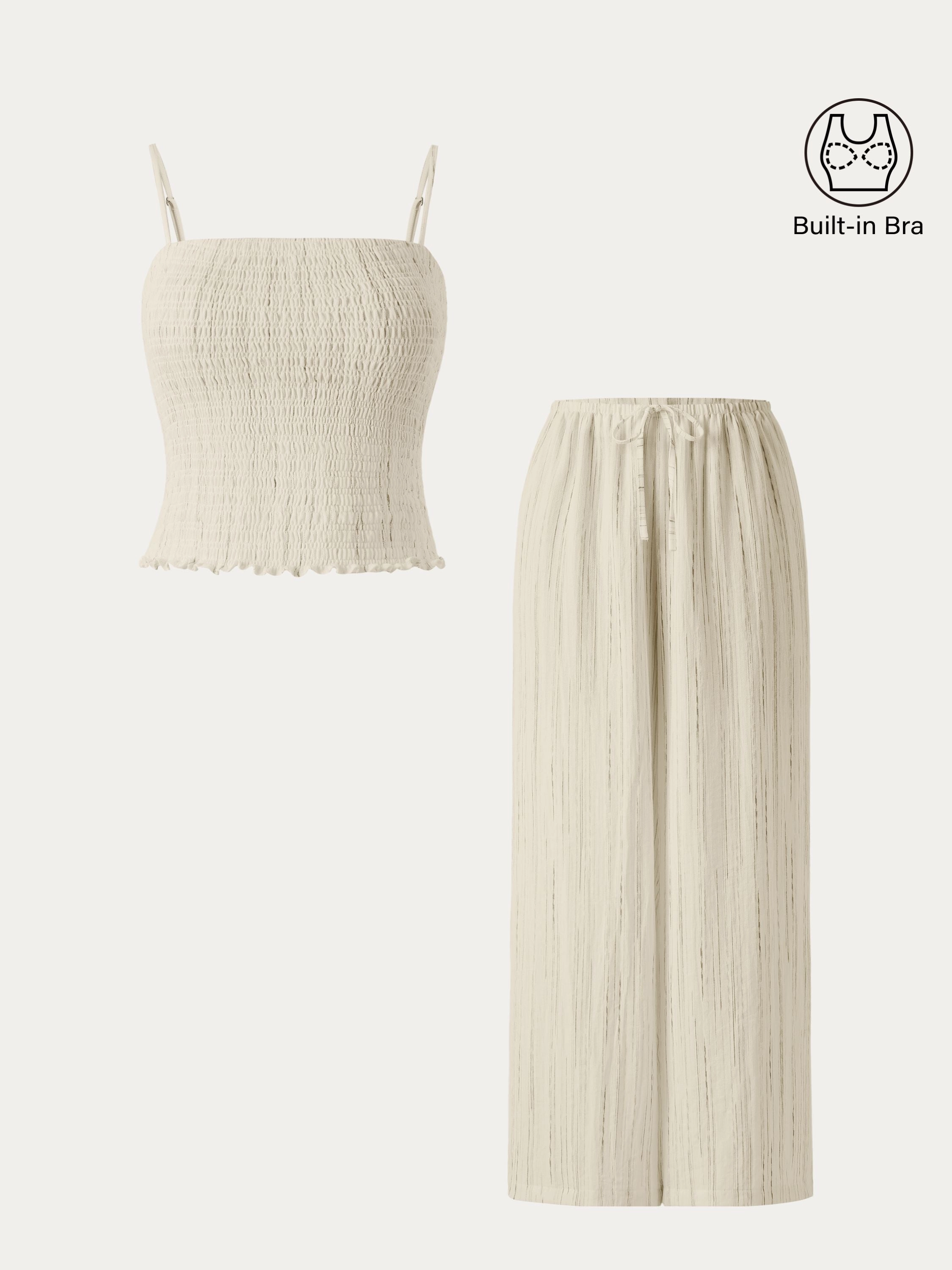 Elasticized Cuffs Quick-Dry Material 2Pcs Set Striped Adjustable Spaghetti Brami &  Striped Wide Leg Pants with Pockets
