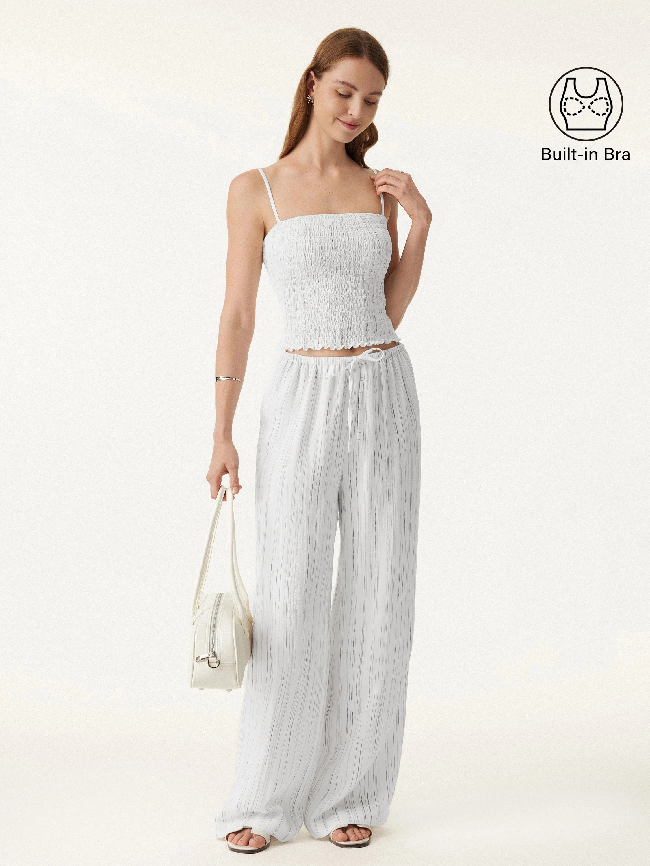 2Pcs Set Striped Adjustable Spaghetti Brami &  Striped Wide Leg Pants with Pockets Non Tapered Leg Pocket Reinforcement