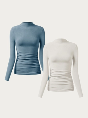 2Pcs Set Thermal Ruched Sides Tuckable Mockneck Top Sporty Cardigan StretchFit