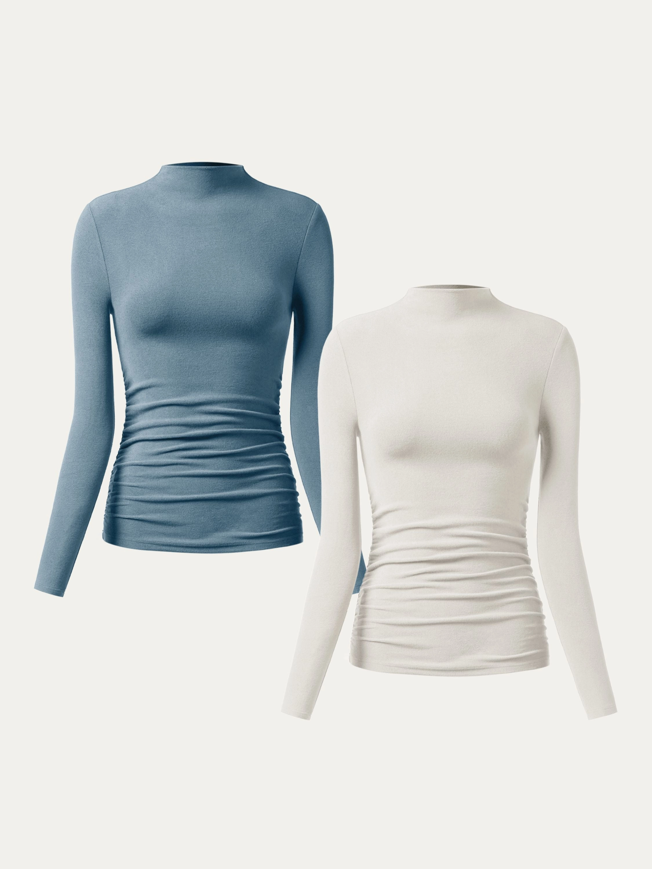 CrossGrain Fabric BreathableFabricTech 2Pcs Set Thermal Ruched Sides Tuckable Mockneck Top