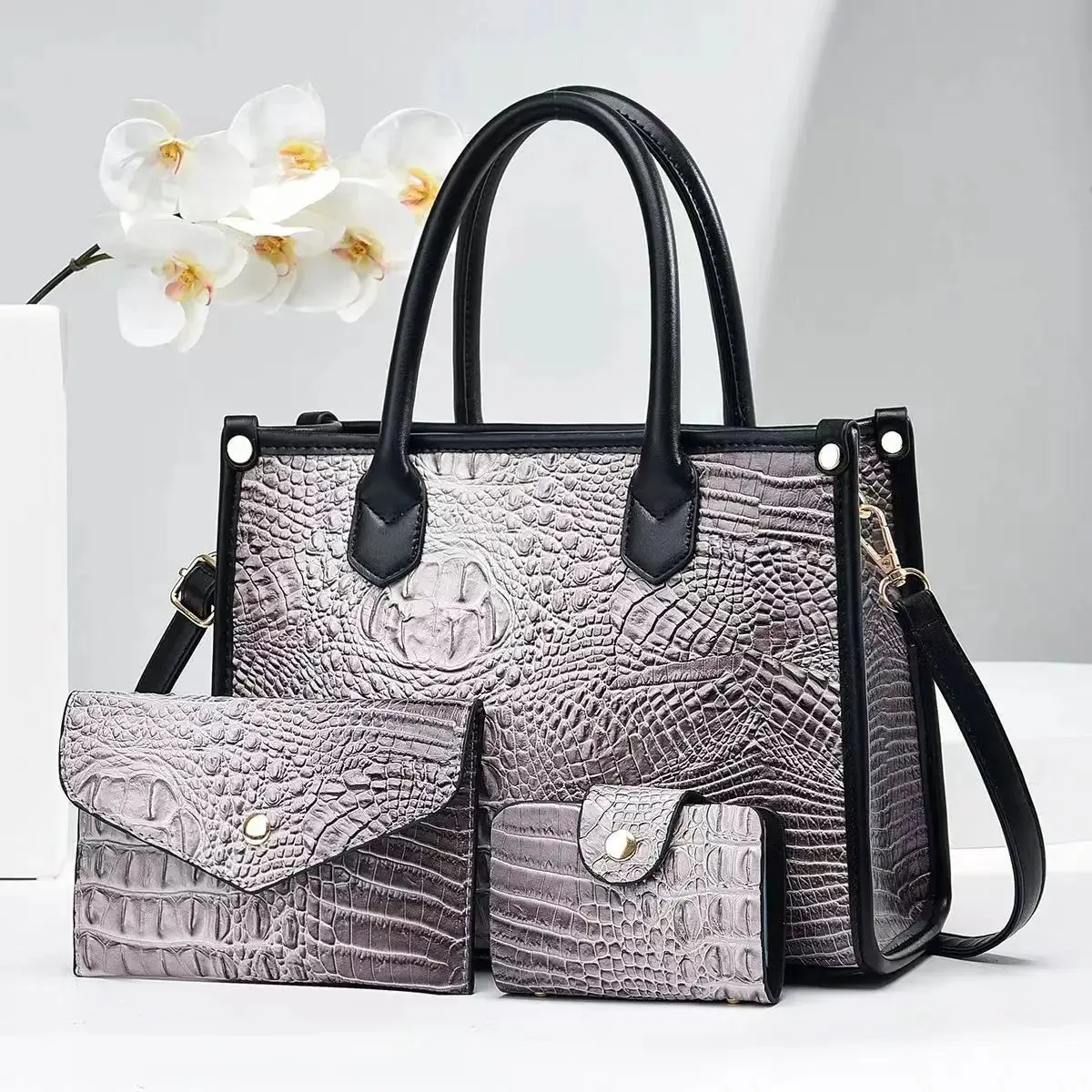 3 Pieces Sets Shoulder Bag for Women Retro Crocodile Pattern