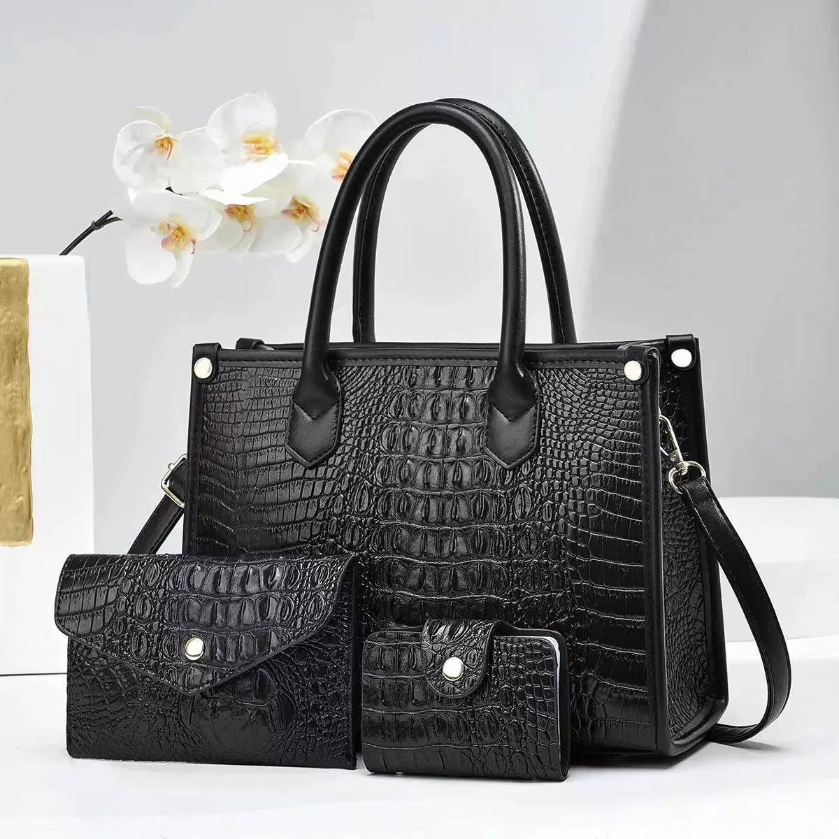 3 Pieces Sets Shoulder Bag for Women Retro Crocodile Pattern