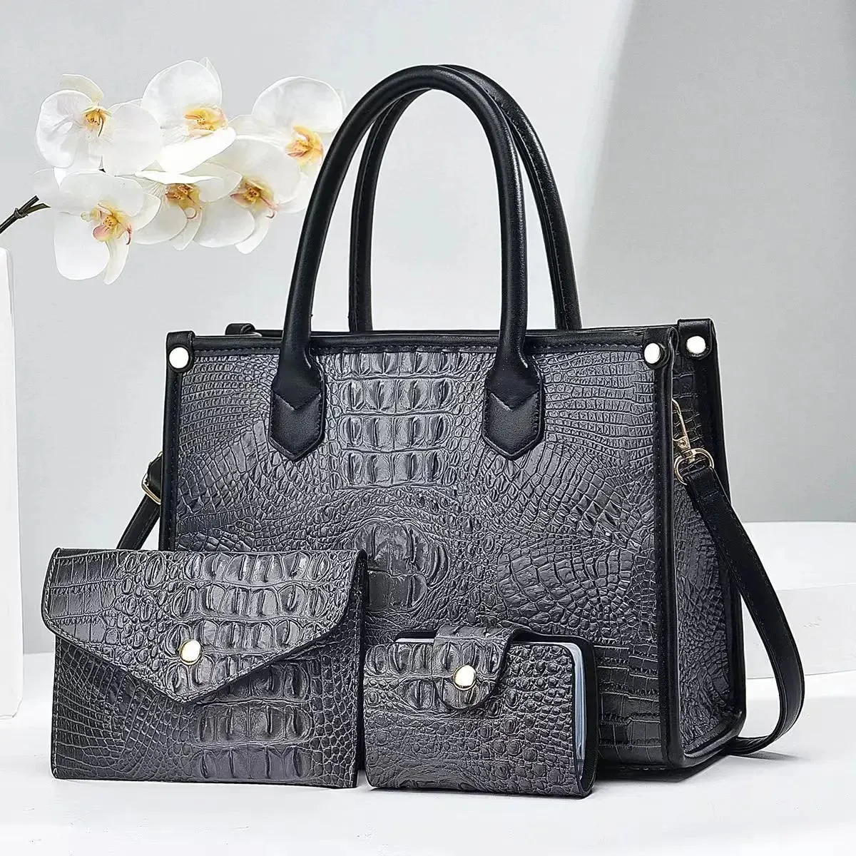 3 Pieces Sets Shoulder Bag for Women Retro Crocodile Pattern