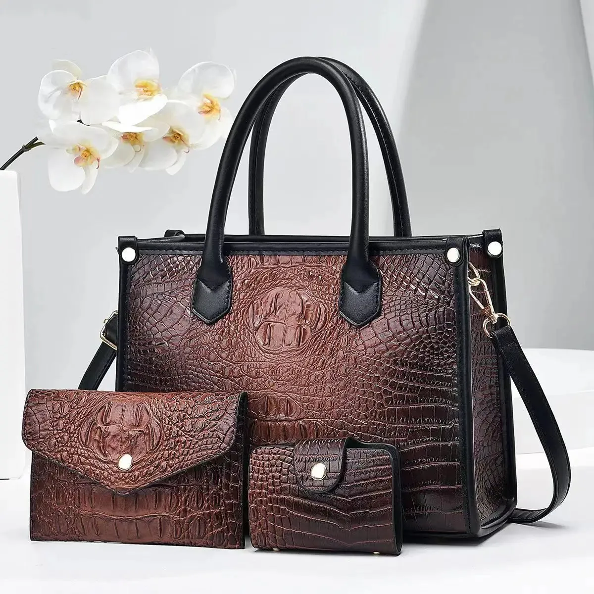 3 Pieces Sets Shoulder Bag for Women Retro Crocodile Pattern