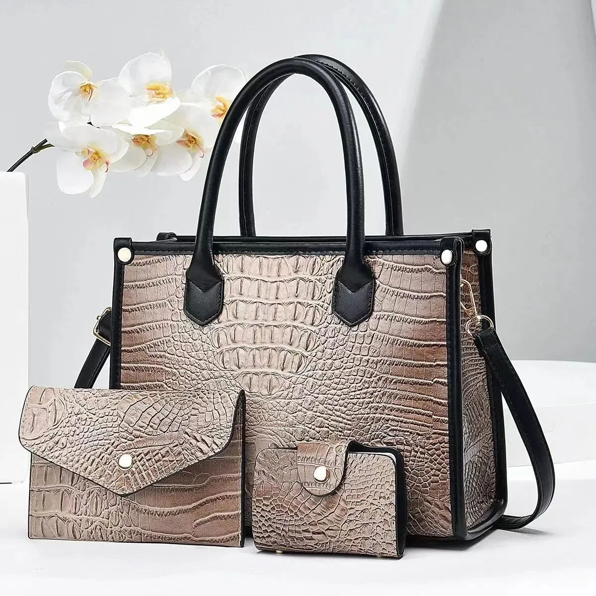 3 Pieces Sets Shoulder Bag for Women Retro Crocodile Pattern