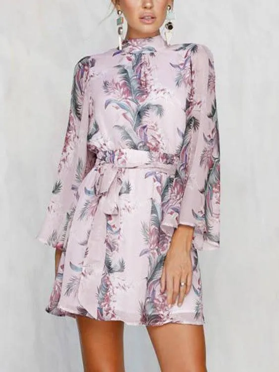 3/4 Length Sleeve Floral Print Backless Dresses