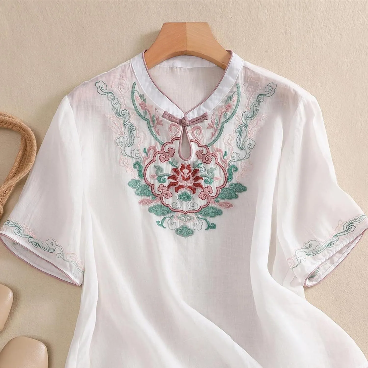 3/4 Sleeve Cotton Linen Shirts for Women 2025 Summer Boho Floral Embroidered Loose V Neck Tops Chinese Frog Blouses