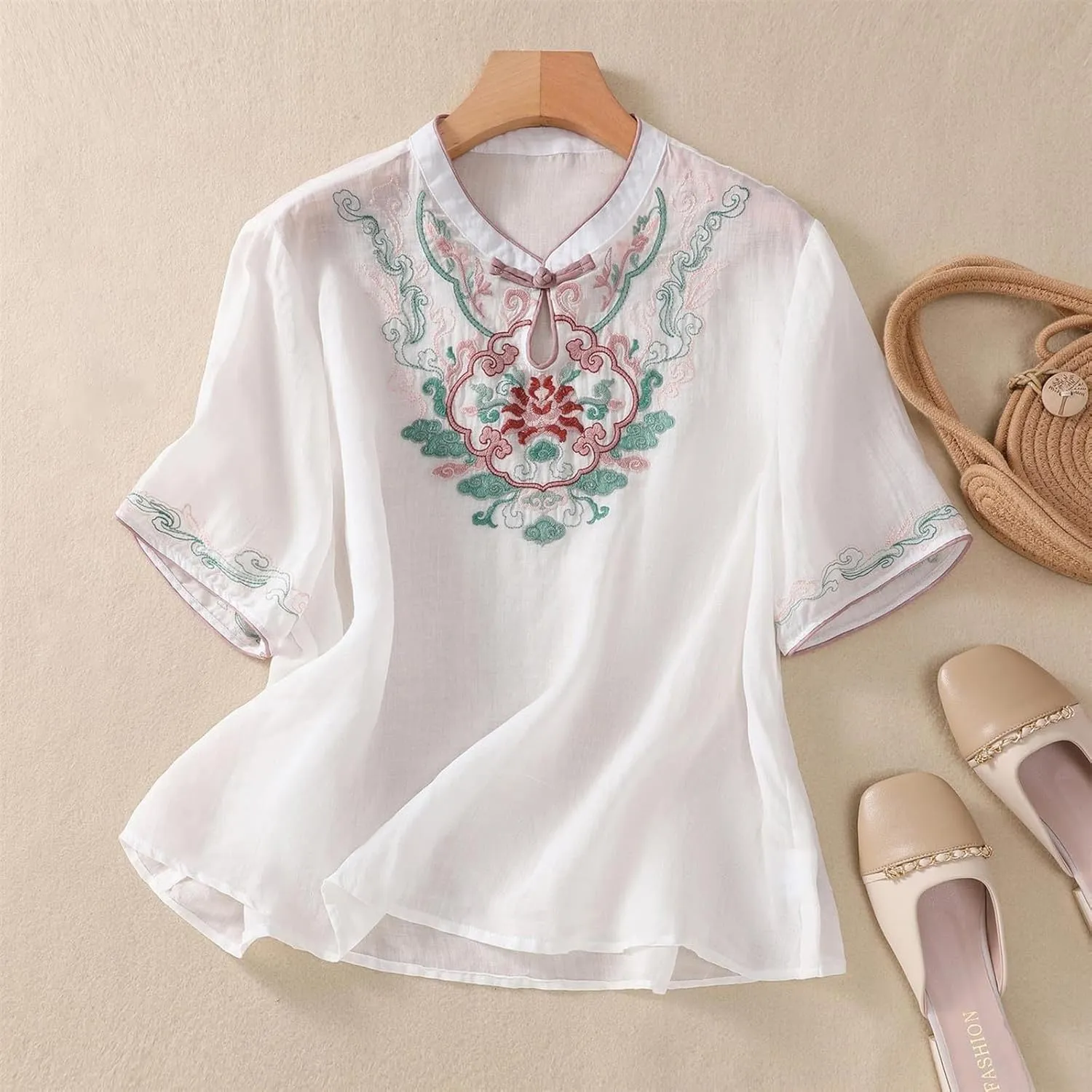 3/4 Sleeve Cotton Linen Shirts for Women 2025 Summer Boho Floral Embroidered Loose V Neck Tops Chinese Frog Blouses