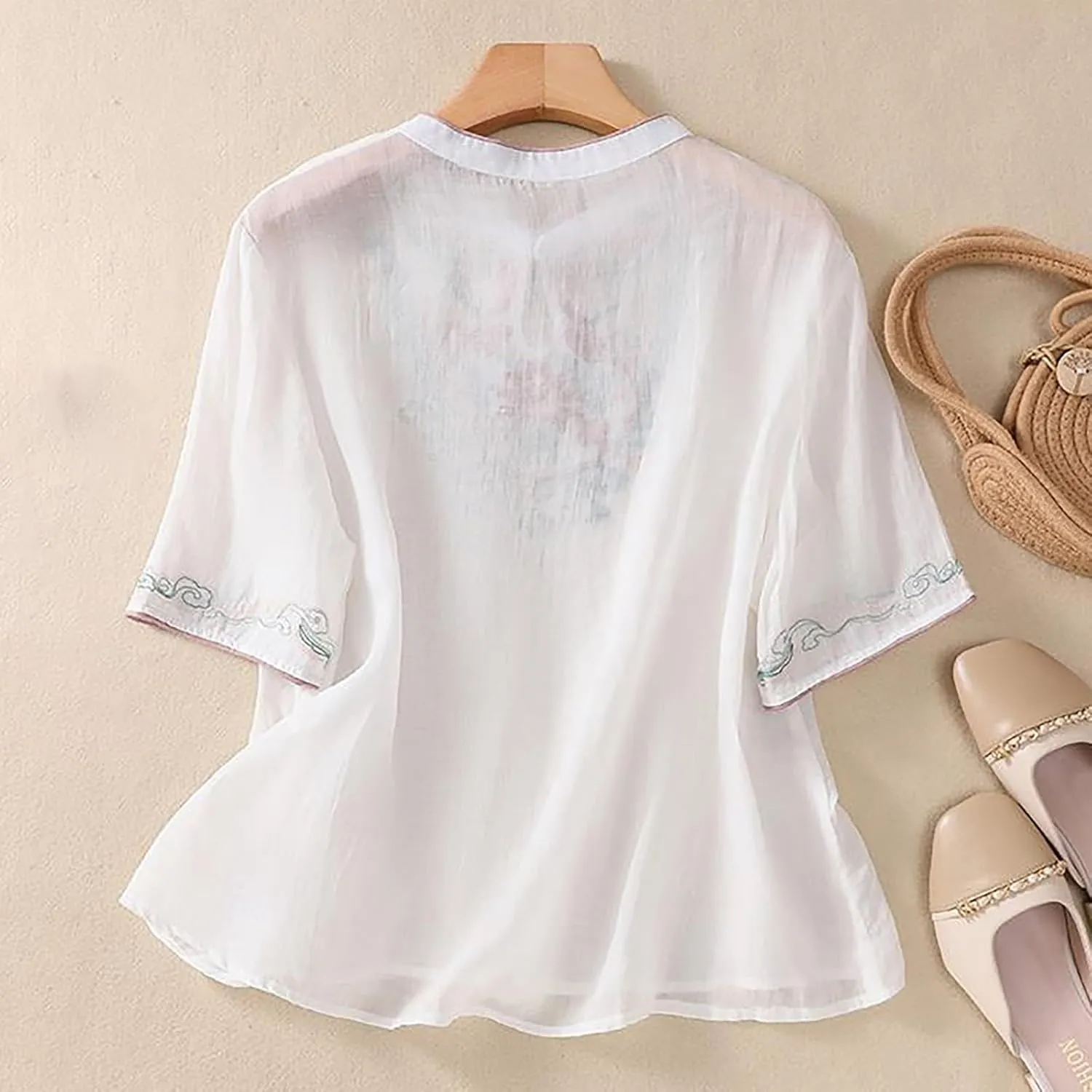 3/4 Sleeve Cotton Linen Shirts for Women 2025 Summer Boho Floral Embroidered Loose V Neck Tops Chinese Frog Blouses