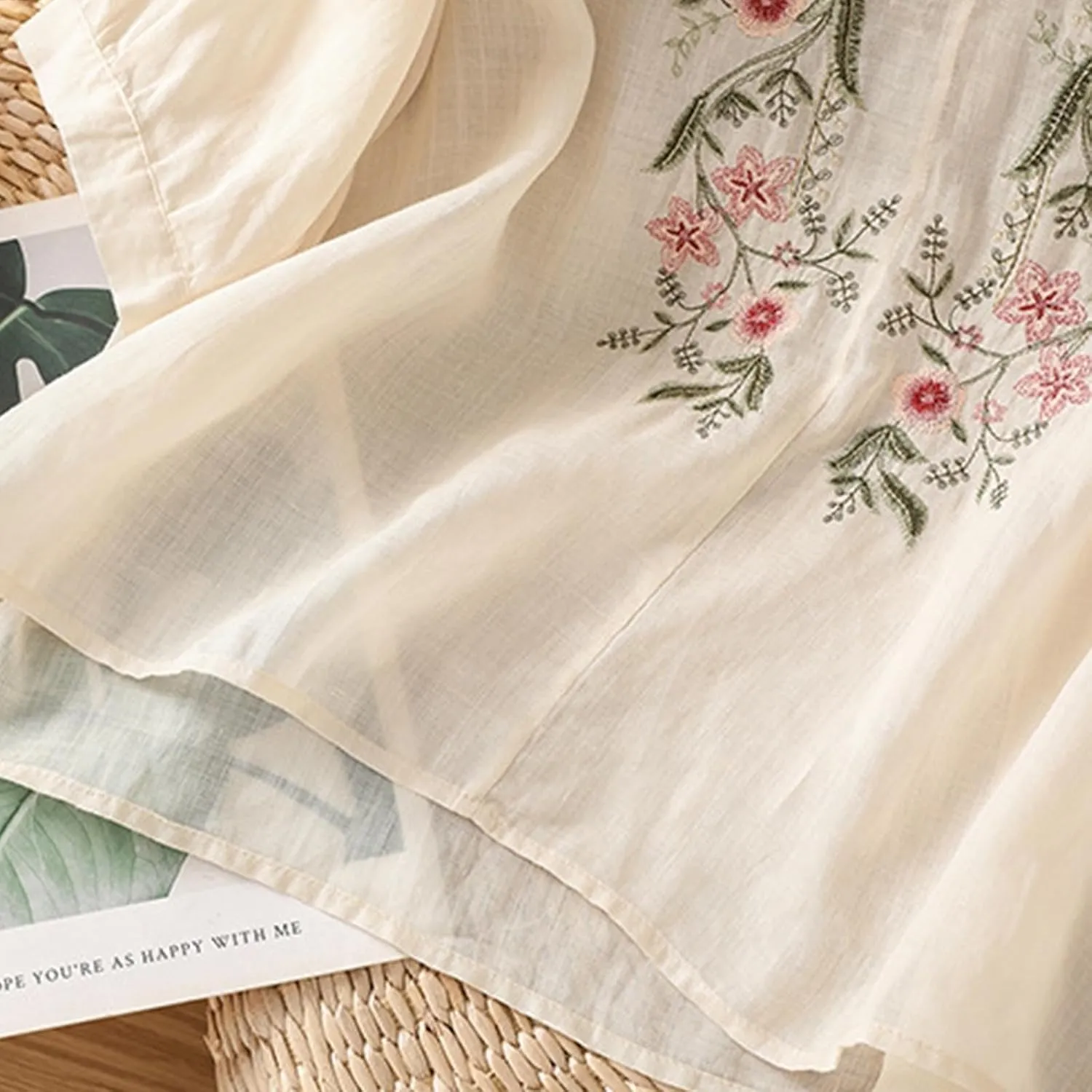 3/4 Sleeve Cotton Linen Shirts for Women 2025 Summer Boho Floral Embroidered Loose V Neck Tops Chinese Frog Blouses