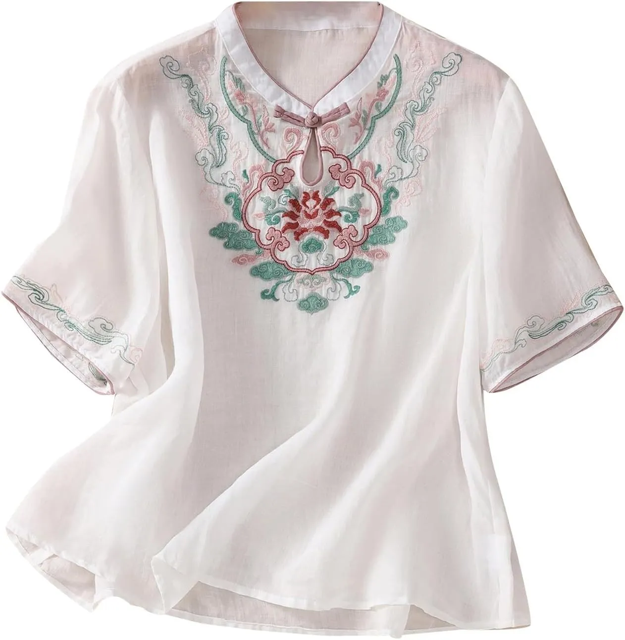 3/4 Sleeve Cotton Linen Shirts for Women 2025 Summer Boho Floral Embroidered Loose V Neck Tops Chinese Frog Blouses