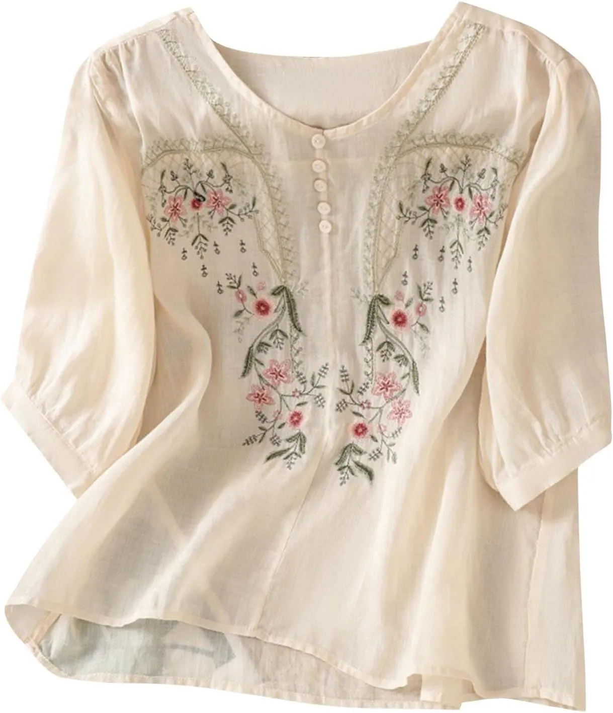 3/4 Sleeve Cotton Linen Shirts for Women 2025 Summer Boho Floral Embroidered Loose V Neck Tops Chinese Frog Blouses