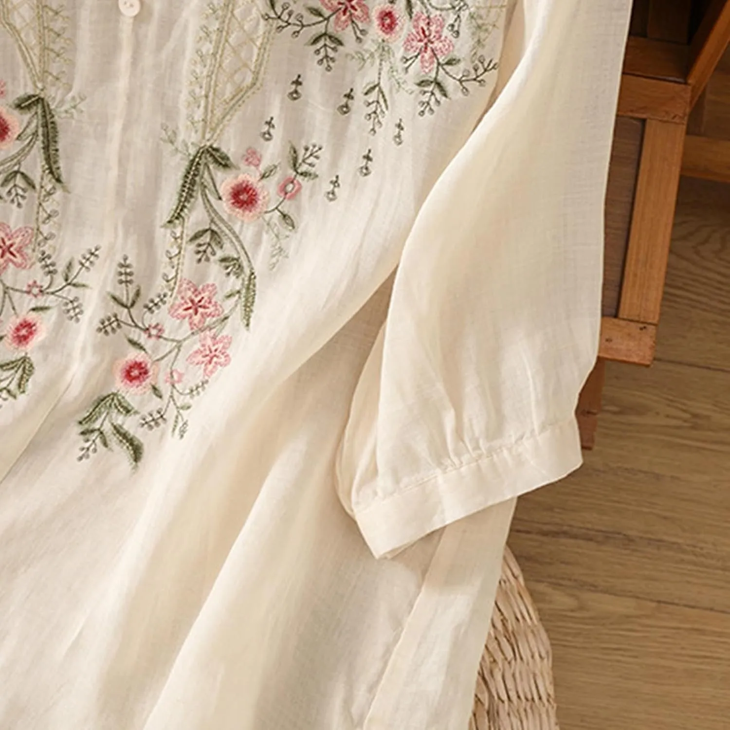 3/4 Sleeve Cotton Linen Shirts for Women 2025 Summer Boho Floral Embroidered Loose V Neck Tops Chinese Frog Blouses