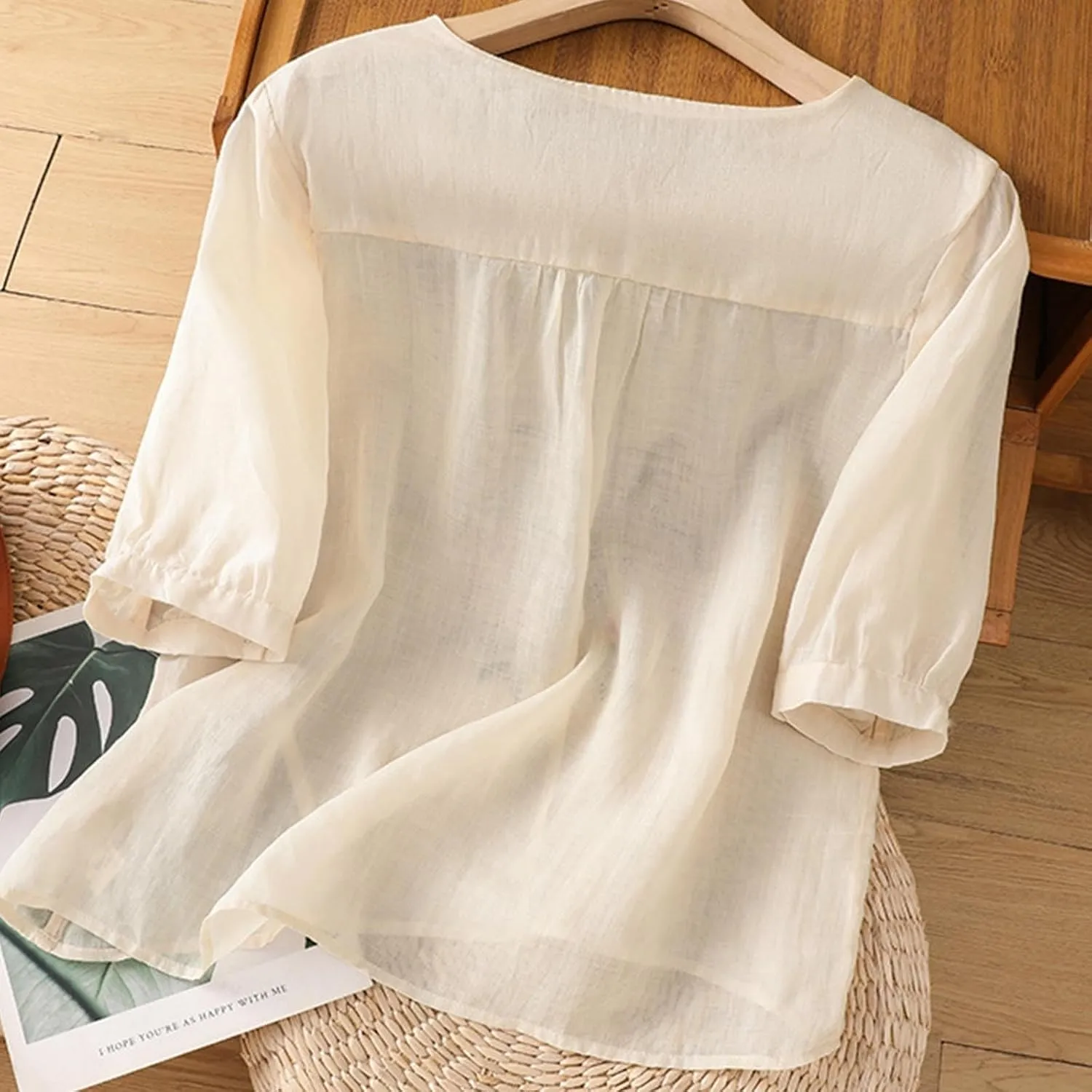 3/4 Sleeve Cotton Linen Shirts for Women 2025 Summer Boho Floral Embroidered Loose V Neck Tops Chinese Frog Blouses