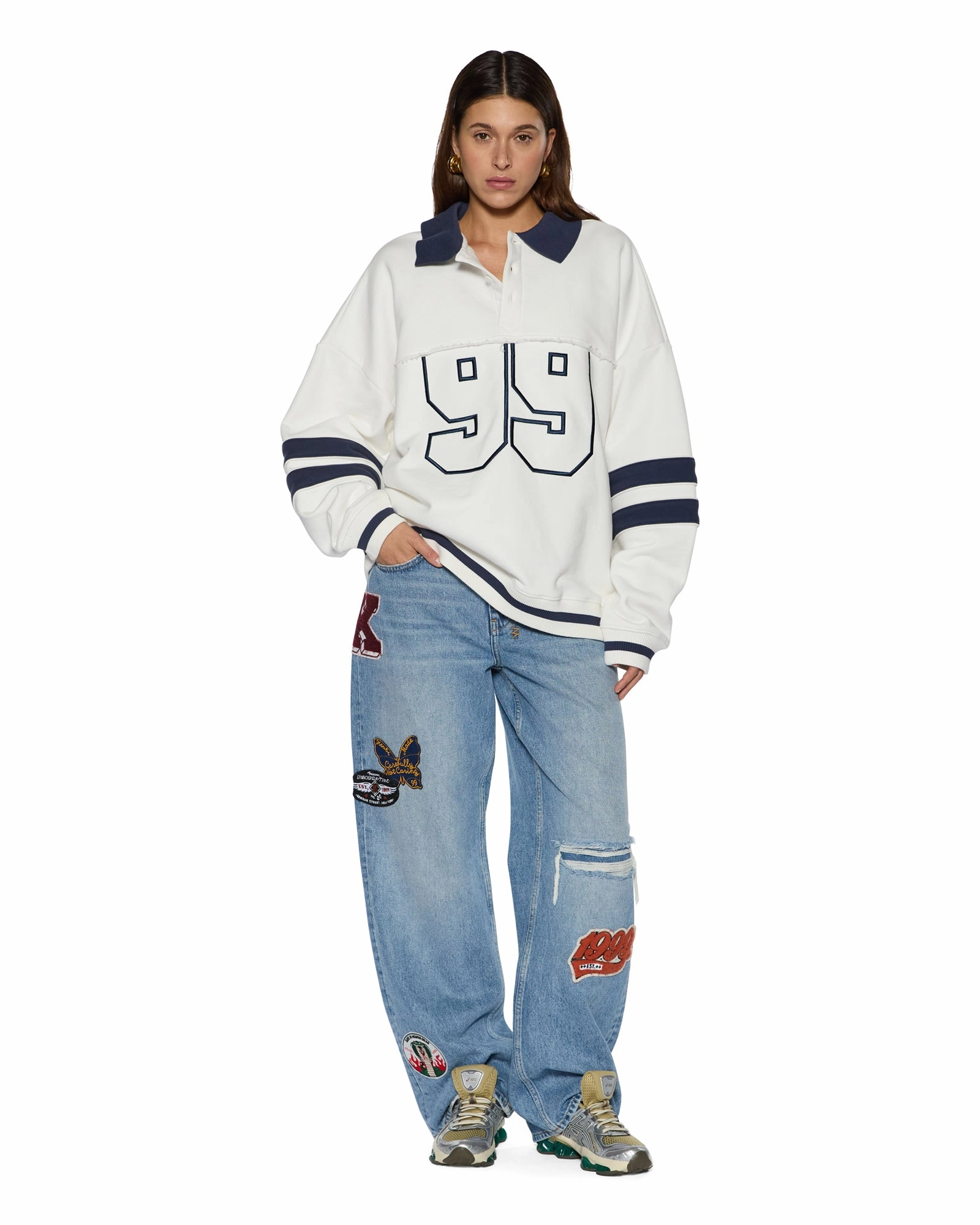 99 BOYFRIEND POLO SWEATSHIRT VINTAGE WHITE DoubleStitched Hem