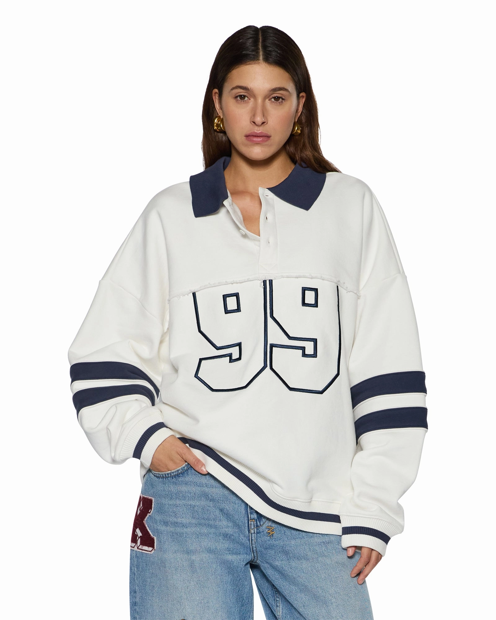 99 BOYFRIEND POLO SWEATSHIRT VINTAGE WHITE Cozy Cardigan