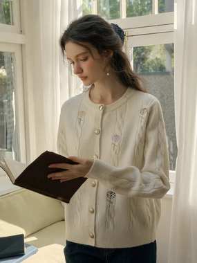 hypoallergenic material Temperature Regulating Knit ??Final Sale??Amyra Ribbed Round Neck Embroidery Cardigan